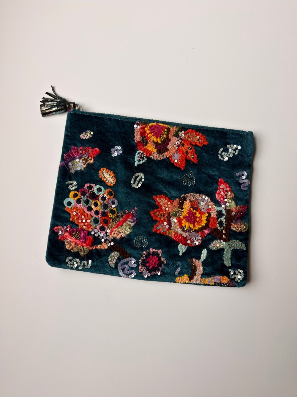Steve Madden Teal Velvet Embroidered Sequin Floral Clutch